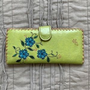 Boho embroidered green faux leather wallet